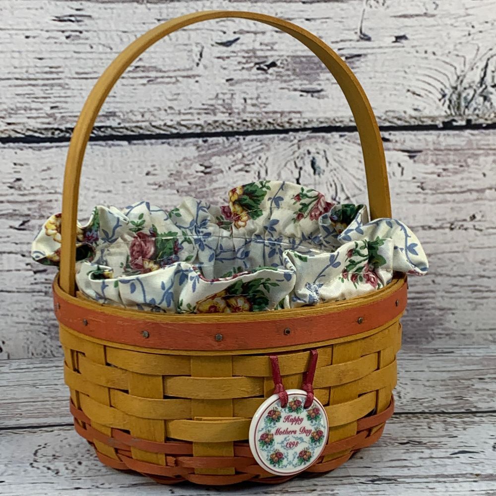 Longaberger 1998 Mothers Day Basket Handwoven Floral Liner & Hang Tag